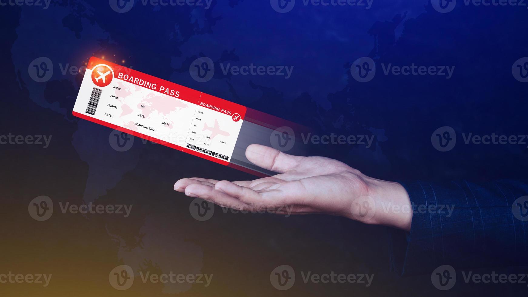 Hand holding boarding pass tickets air travel concept, Choosing checking electronic flight ticket. photo