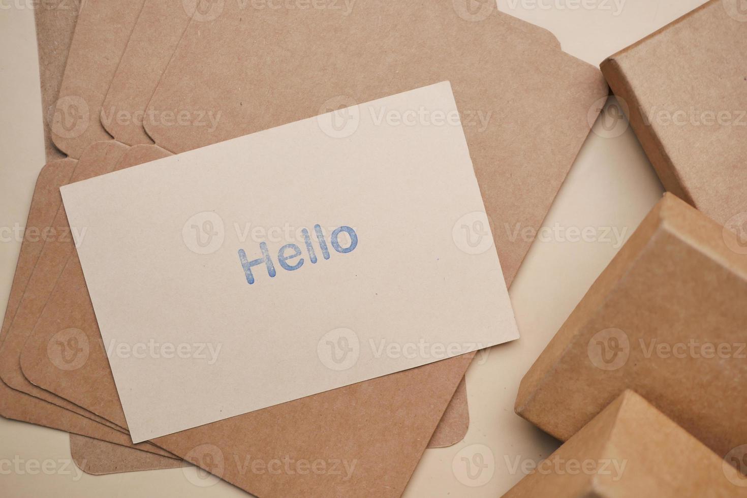 close up of hello text in blue color on a envelope photo