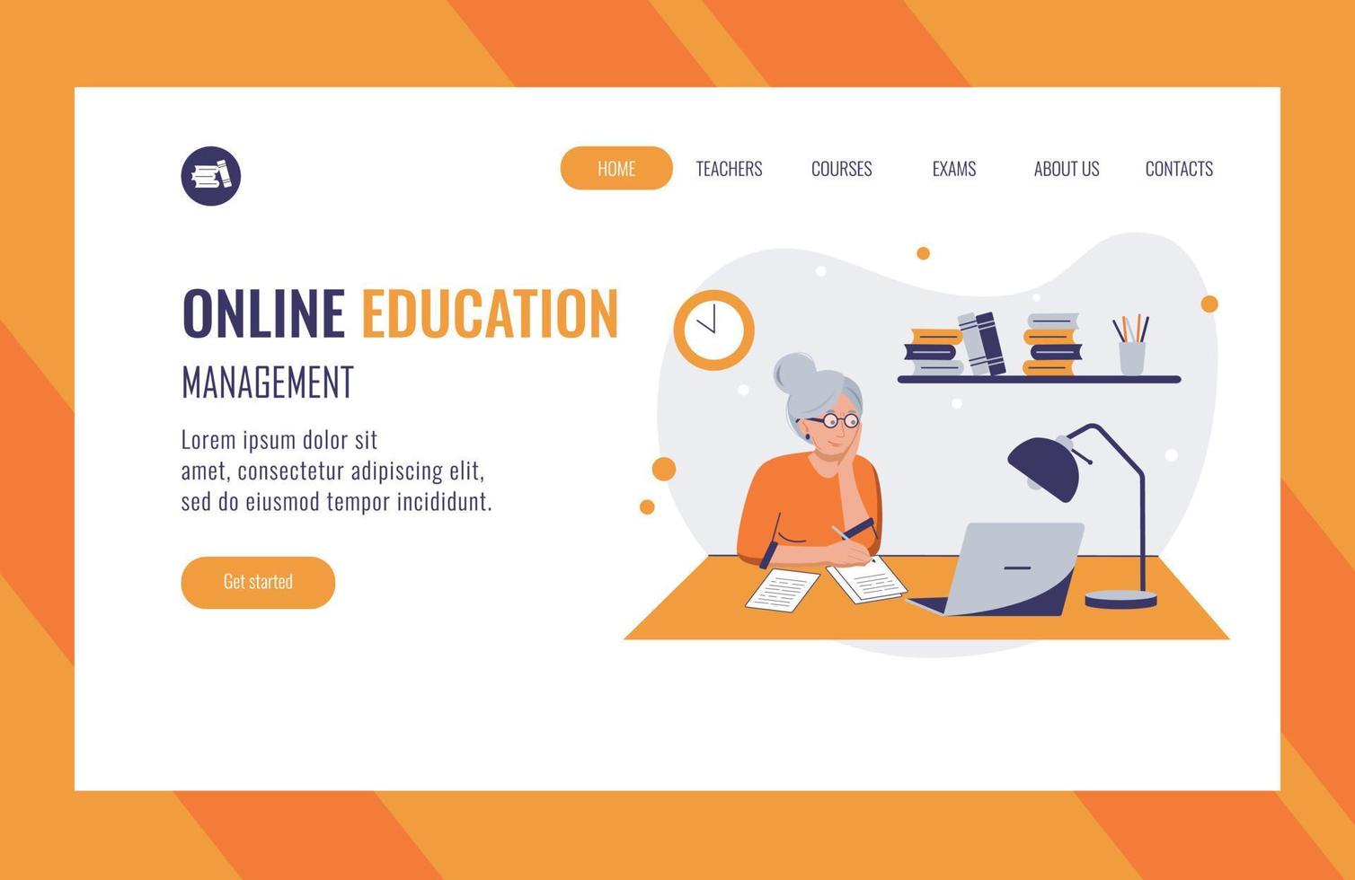 Online education landing page with minimalist illustration of old flat character studying in front of a laptop holding a pencil and making notes. Freelance concept. vector