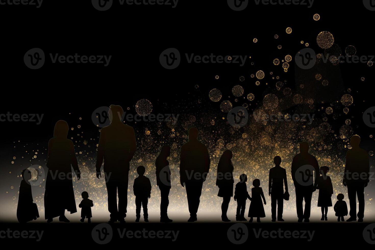 Different generations of family stand together against dark abstract background. photo