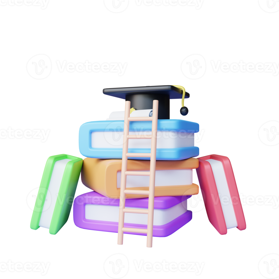 3d rendering some books and graduation hat illustration png