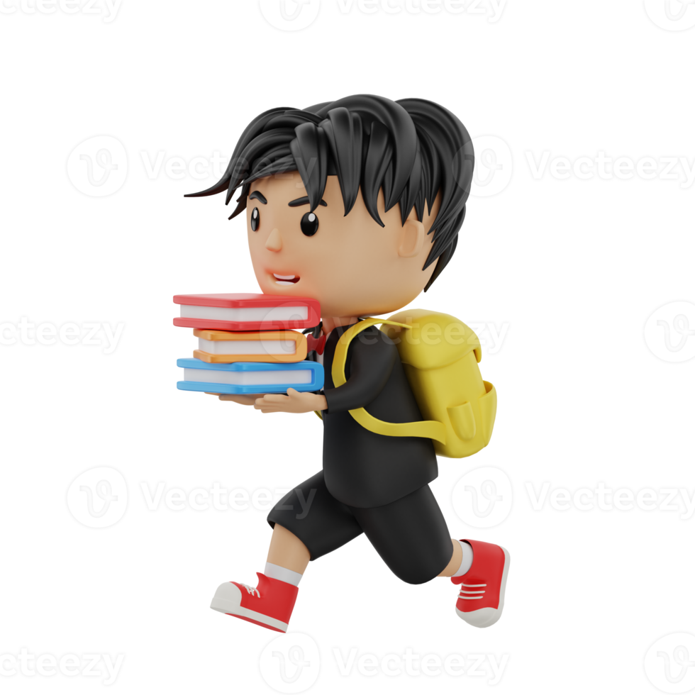 3d cute student character bring some books with run png