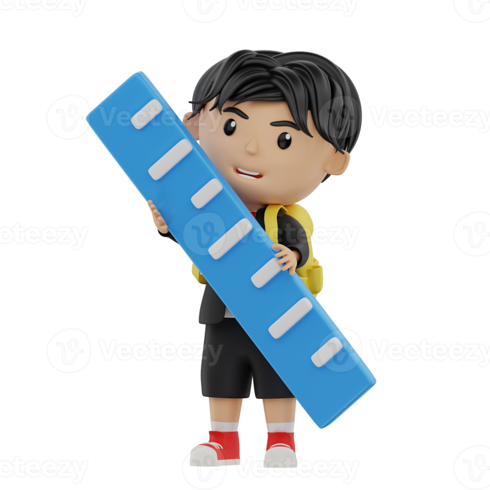 3d cute student character bring a ruler png