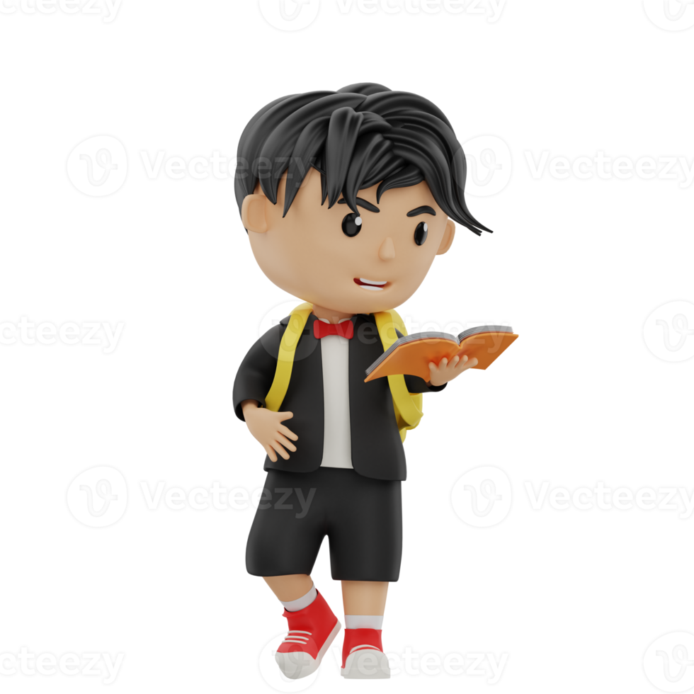 3d cute student character reading a book png