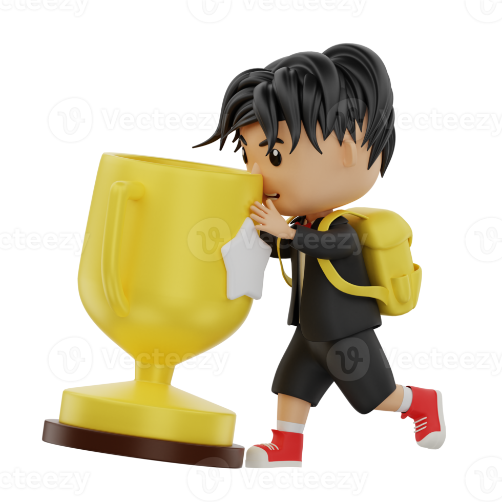 3d cute student character bring a trophy png