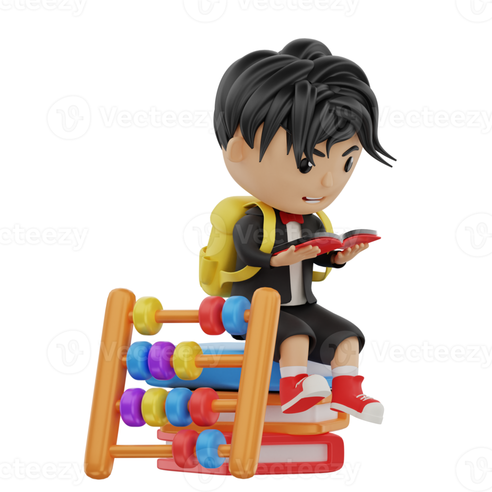 3d cute student character reading a book with abacus png