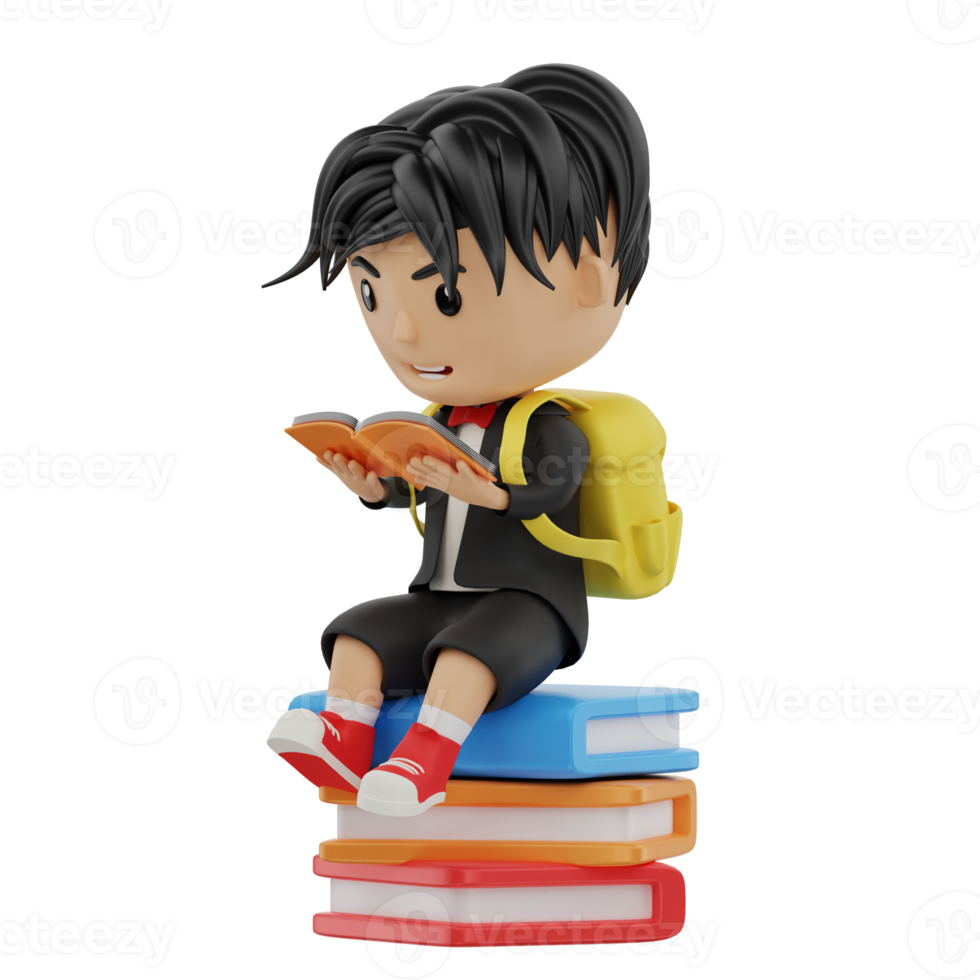 3d cute student character reading a book png