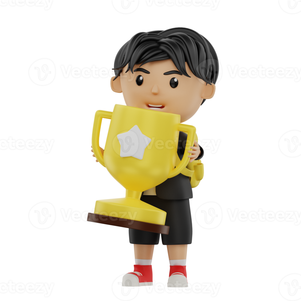 3d cute student character bring a trophy png
