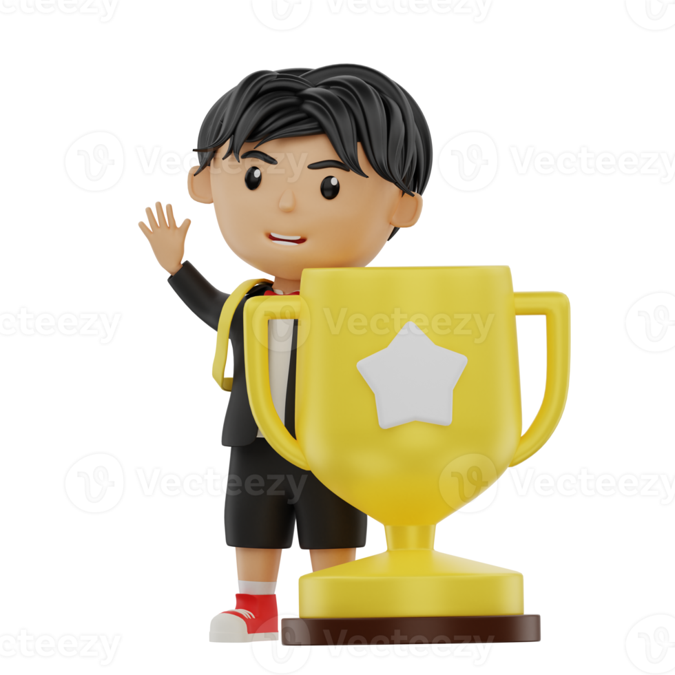 3d cute student character bring a trophy png