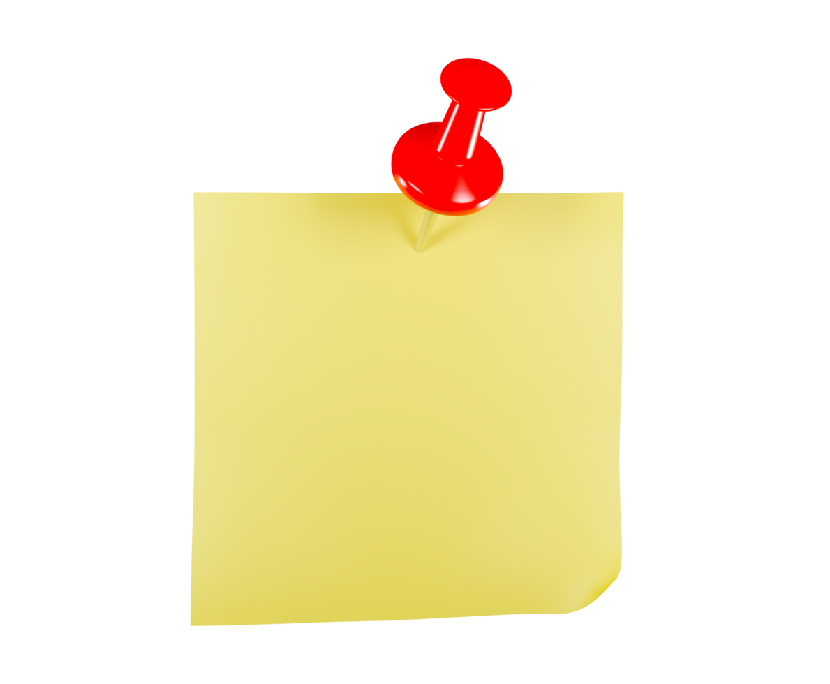 Pin Board 3d yellow note paper for notice message. Element 3d png