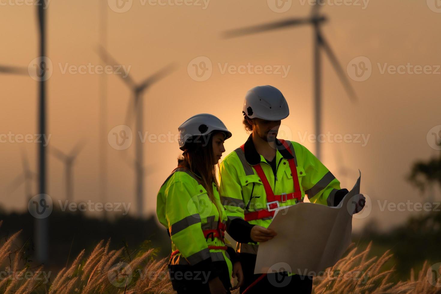 Review all tasks of the day while the evening sun shines a beautiful golden light upon both of them photo