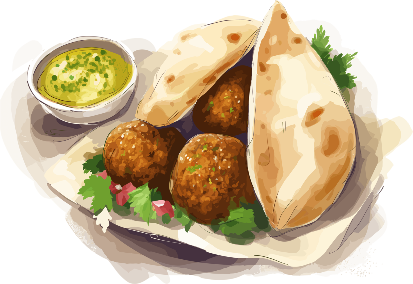 Falafel with Pita bread and sauce hand drawn illustration, middle eastern cuisine png