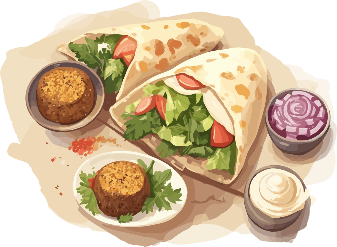 Falafel with Pita bread, sauce and vegetables hand drawn illustration, middle eastern cuisine png