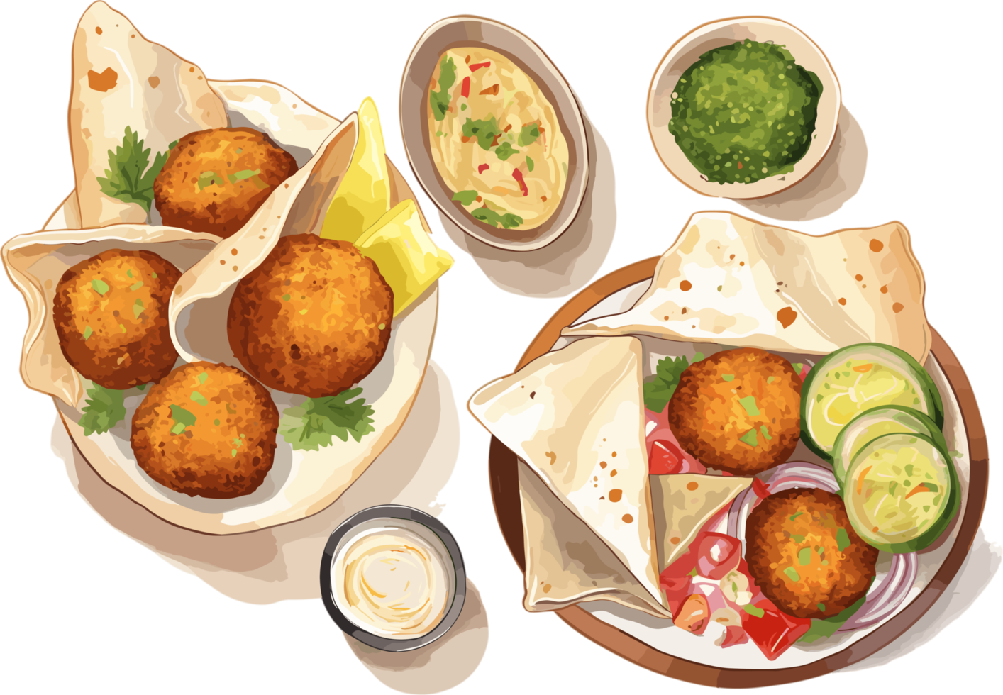 Special Falafel with vegetables hand drawn illustration, traditional middle eastern food png