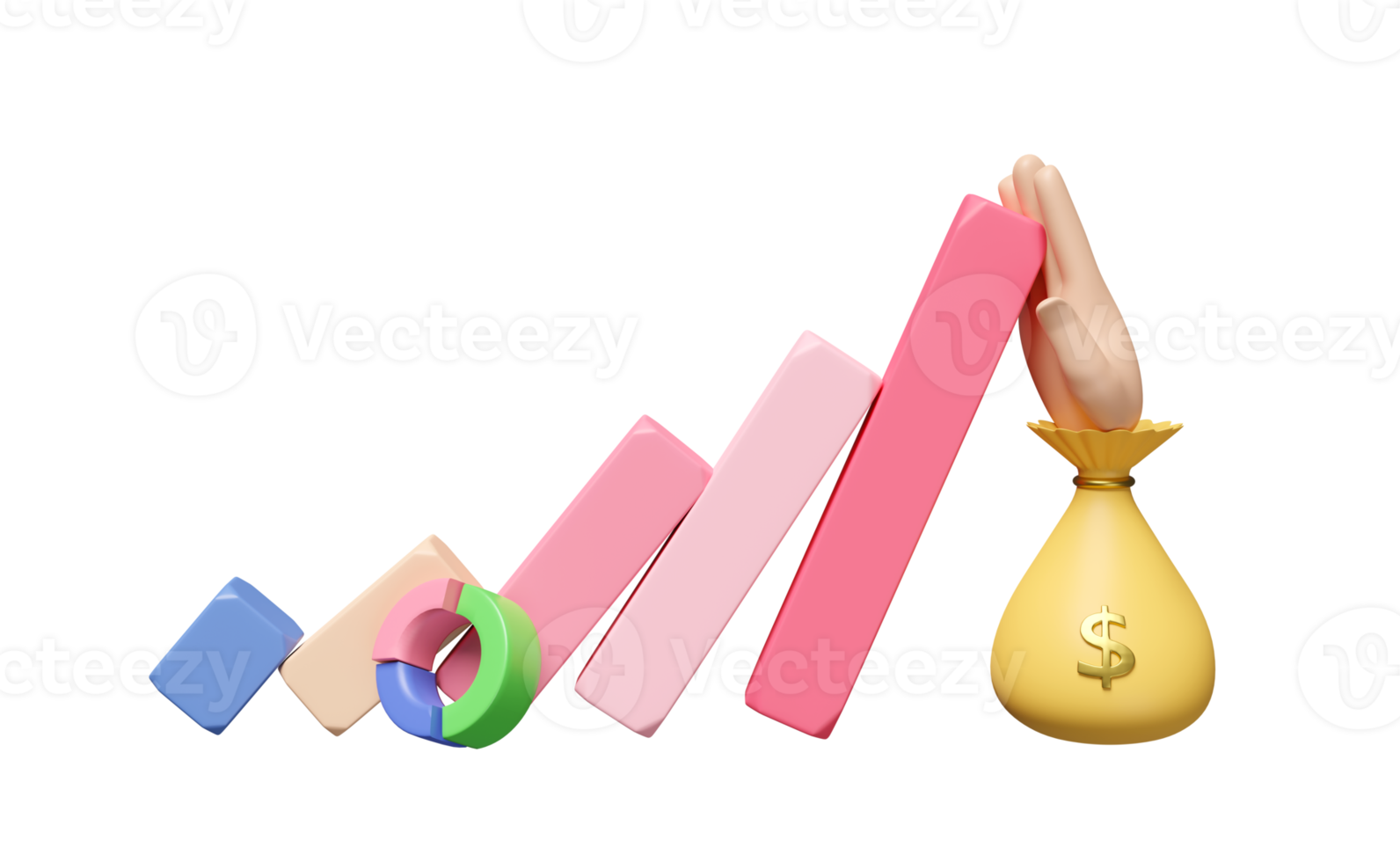 3D charts and graph domino with hand stop, money bag isolated. quick credit approval, loan approval, business growth, strategy concept, 3d render illustration png