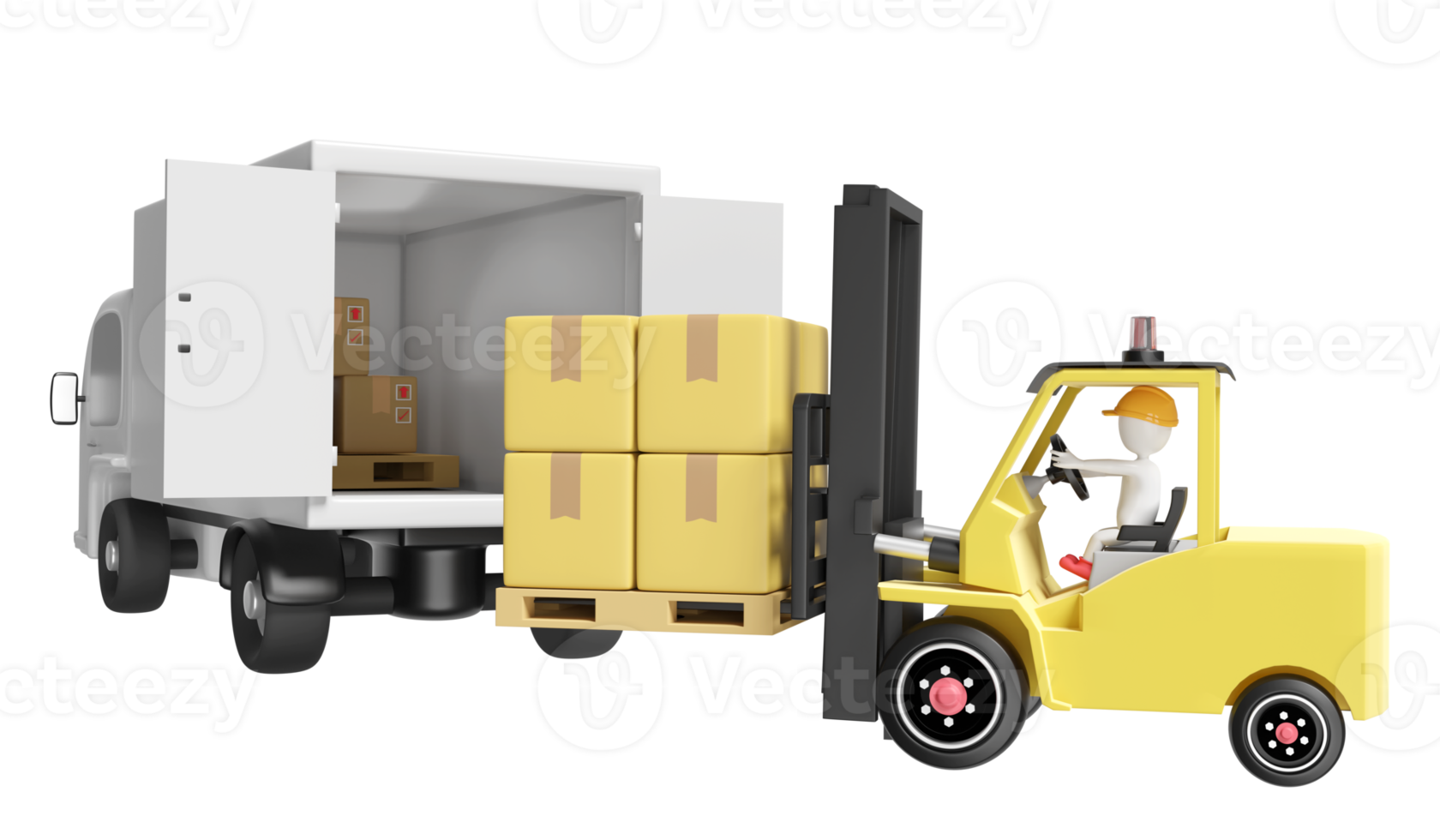 building warehouse with forklift for import export, goods cardboard box, pallet, truck isolated. logistic service concept, 3d illustration render png