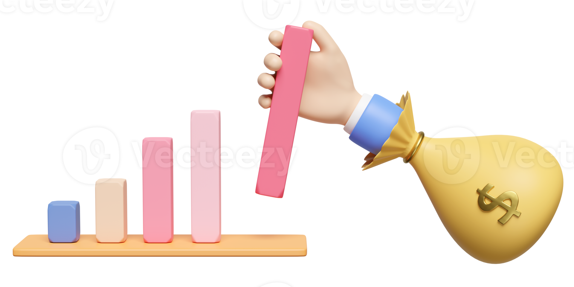 3D charts, businessman hands holding graph with money bag isolated. quick credit approval, loan approval, business growth, strategy concept, 3d render illustration png