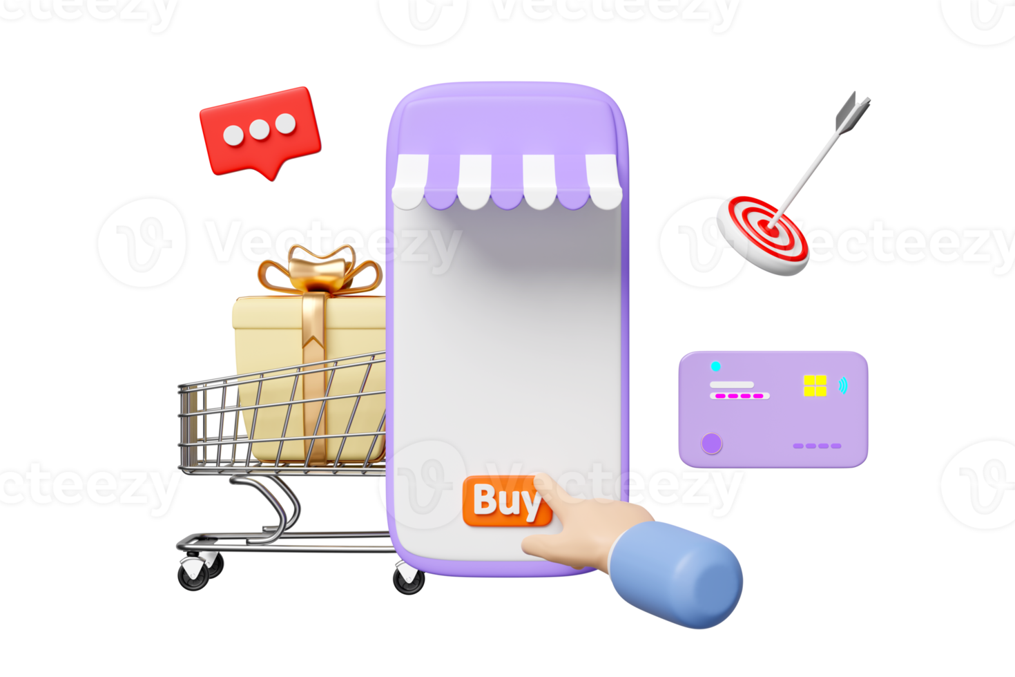 3d purple mobile phone, smartphone with store front, hand pointing finger, shopping cart, basket, gift box, credit card isolated. online shopping, 3d illustration render png