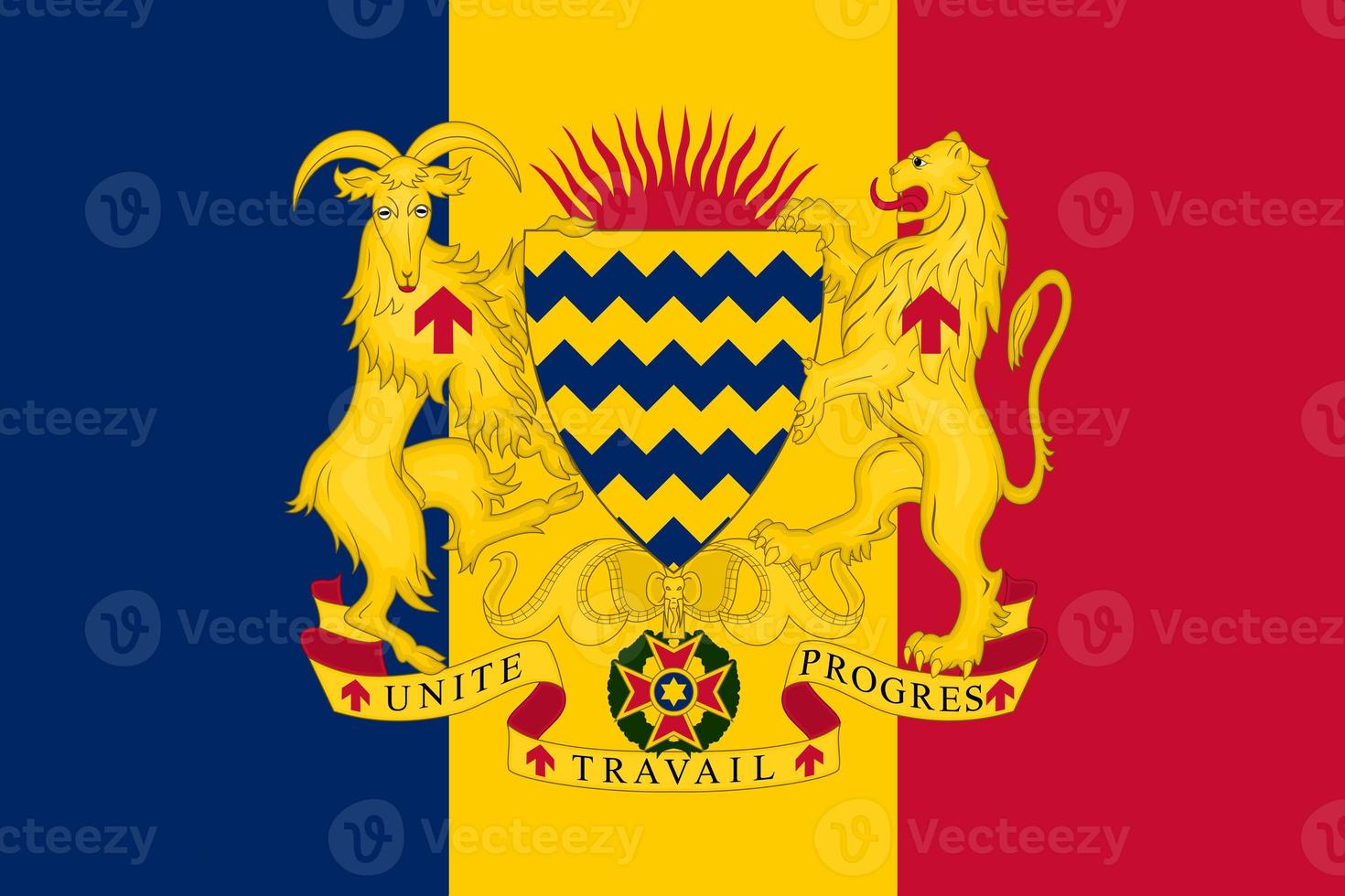 Flag and coat of arms of the Republic of CHAD. Standard proportions and colors of the flag of Chad photo