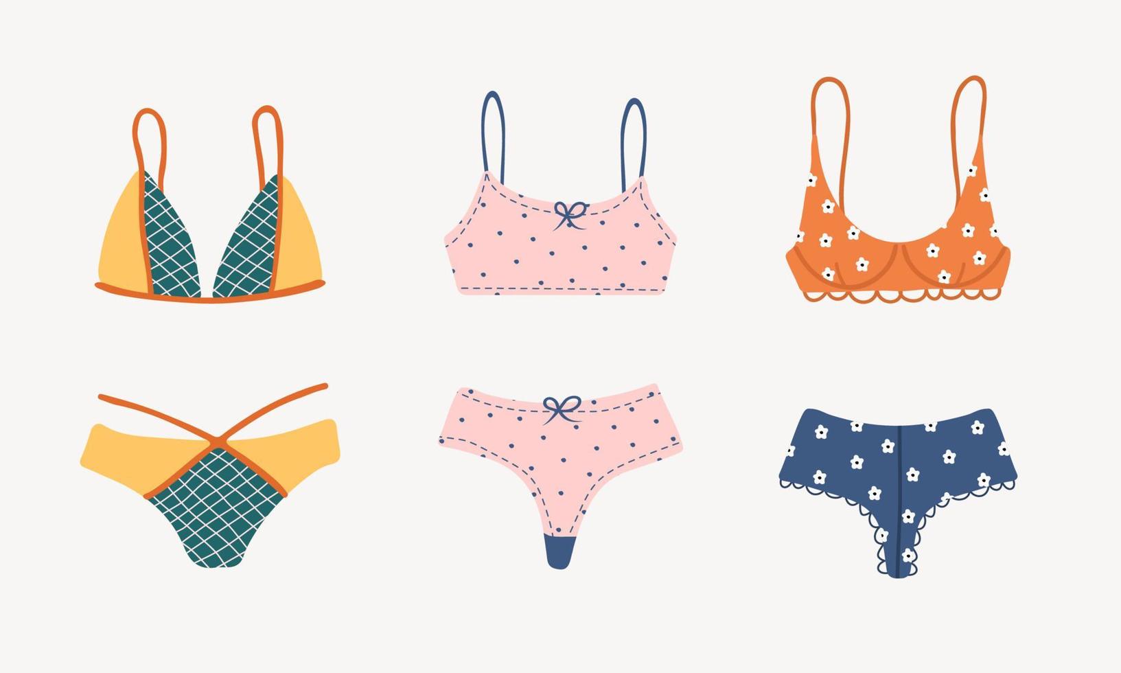 Modern female lingerie or swimwear set. Trendy hand drawn underwear or bikini tops and bottoms. vector