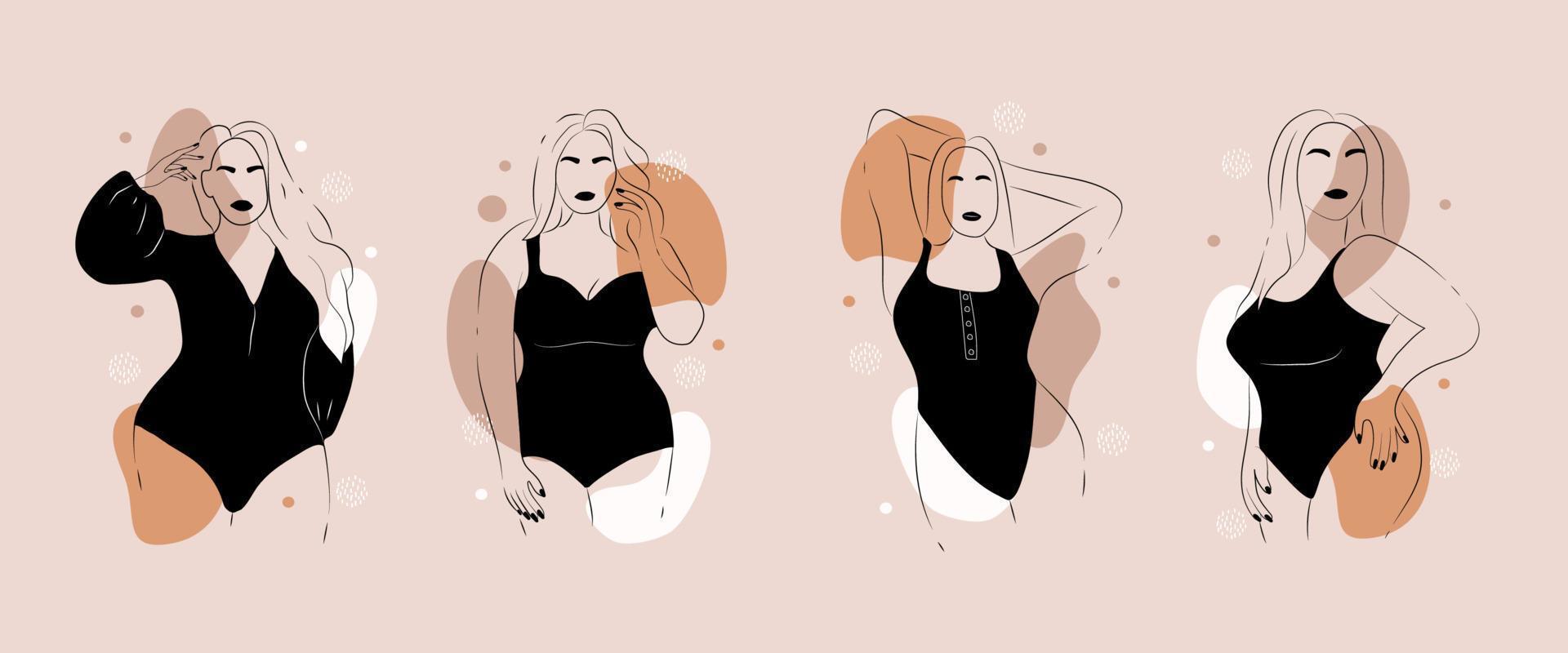 Body positive. Abstract minimalistic female figure. Linear elegant women in lingerie and swimsuit on abstract simple shapes. Promotion design for social media, logo for shop, beauty salon, underwear. vector