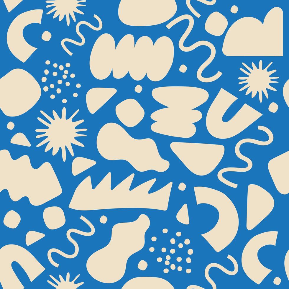Abstract seamless pattern with colorful doodles inspired by Matisse. Flat cartoon background, simple random shapes in bright childish colors. vector
