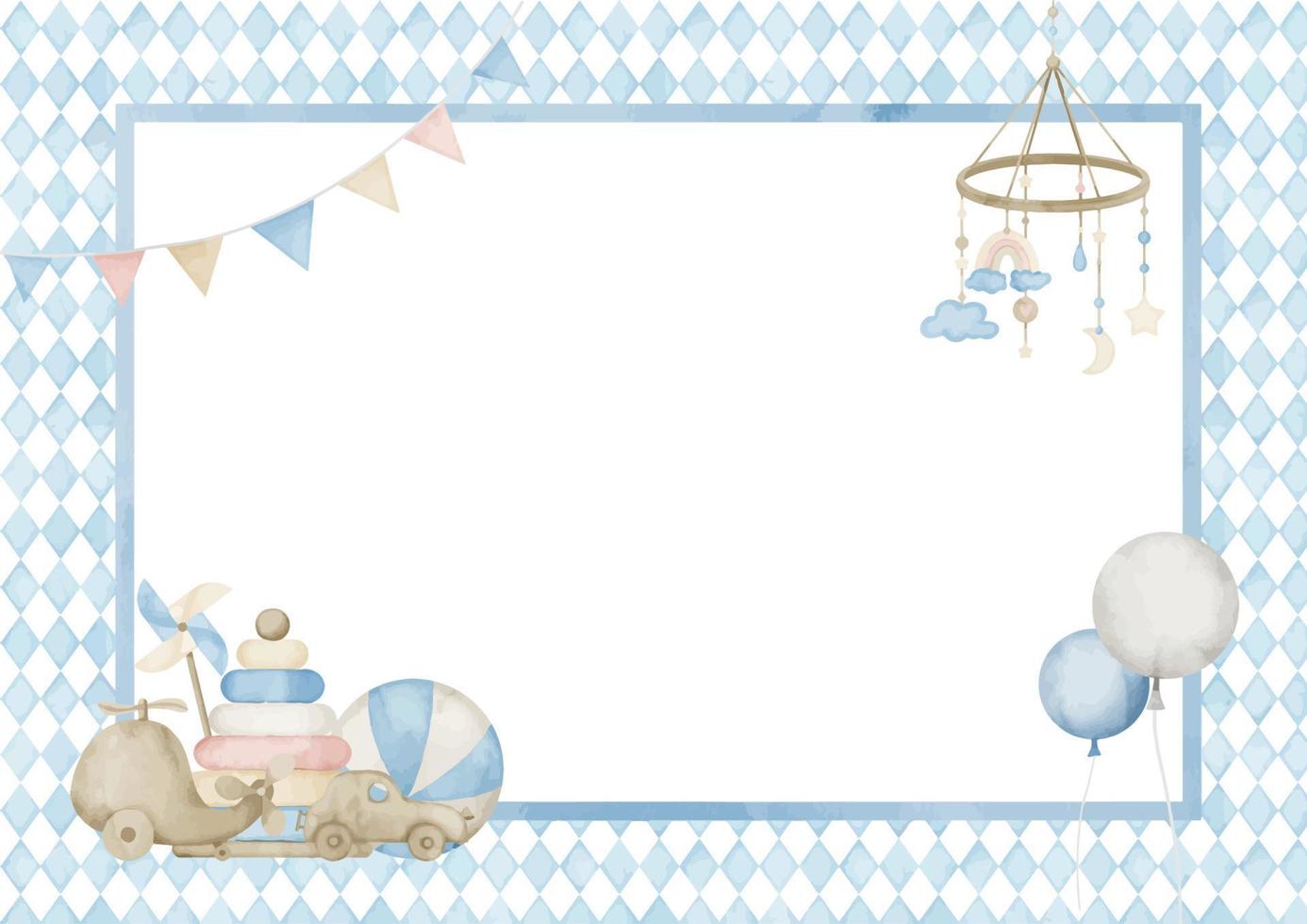 Template for Baby Shower greeting card or invitation. Hand drawn watercolor illustration with balloons, toys and garland in pastel blue and beige colors. Space for text. Drawing for newborn party vector