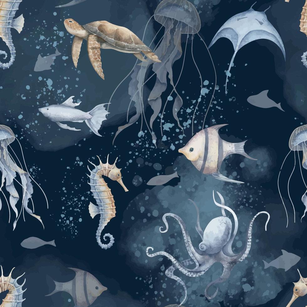 ndersea seamless Pattern with underwater animals and fishes on dark black blue background. Hand drawn watercolor illustration with turtle, seahorse and octopus for wrapping paper or textile design. vector