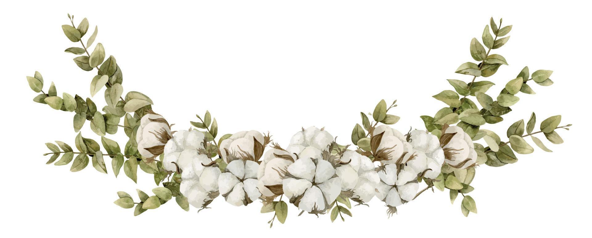 Watercolor illustration with Cotton flower balls and green Eucalyptus branches on isolated background. Hand drawn floral composition for greeting cards or wedding invitations in pastel white colors vector