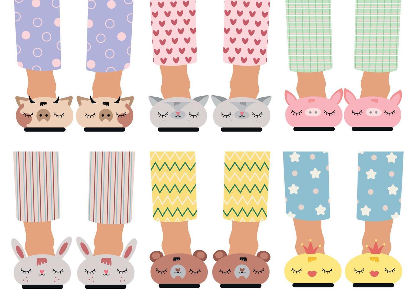 para niños pies en gracioso zapatillas. un conjunto de para niños pies en zapatillas con animales pijama fiesta, niños vacaciones.vector ilustración aislado en blanco antecedentes. vector