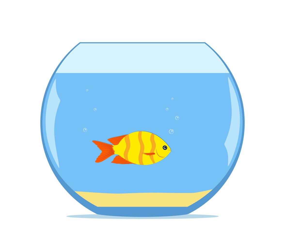 Cute little fish in aquarium. Colorful exotic fish in a fishbowl with sand on the bottom. Vector illustration.