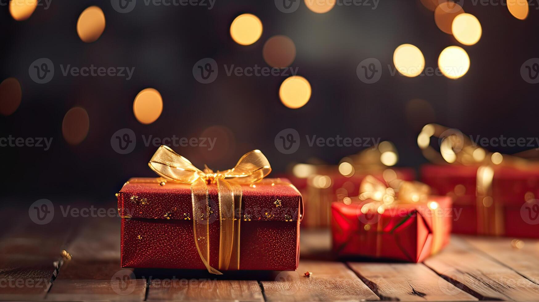 Christmas presents wrapped in red paper with gold ribbon on on wooden table background and bokeh. Place for typography and logo. Copy space. . photo