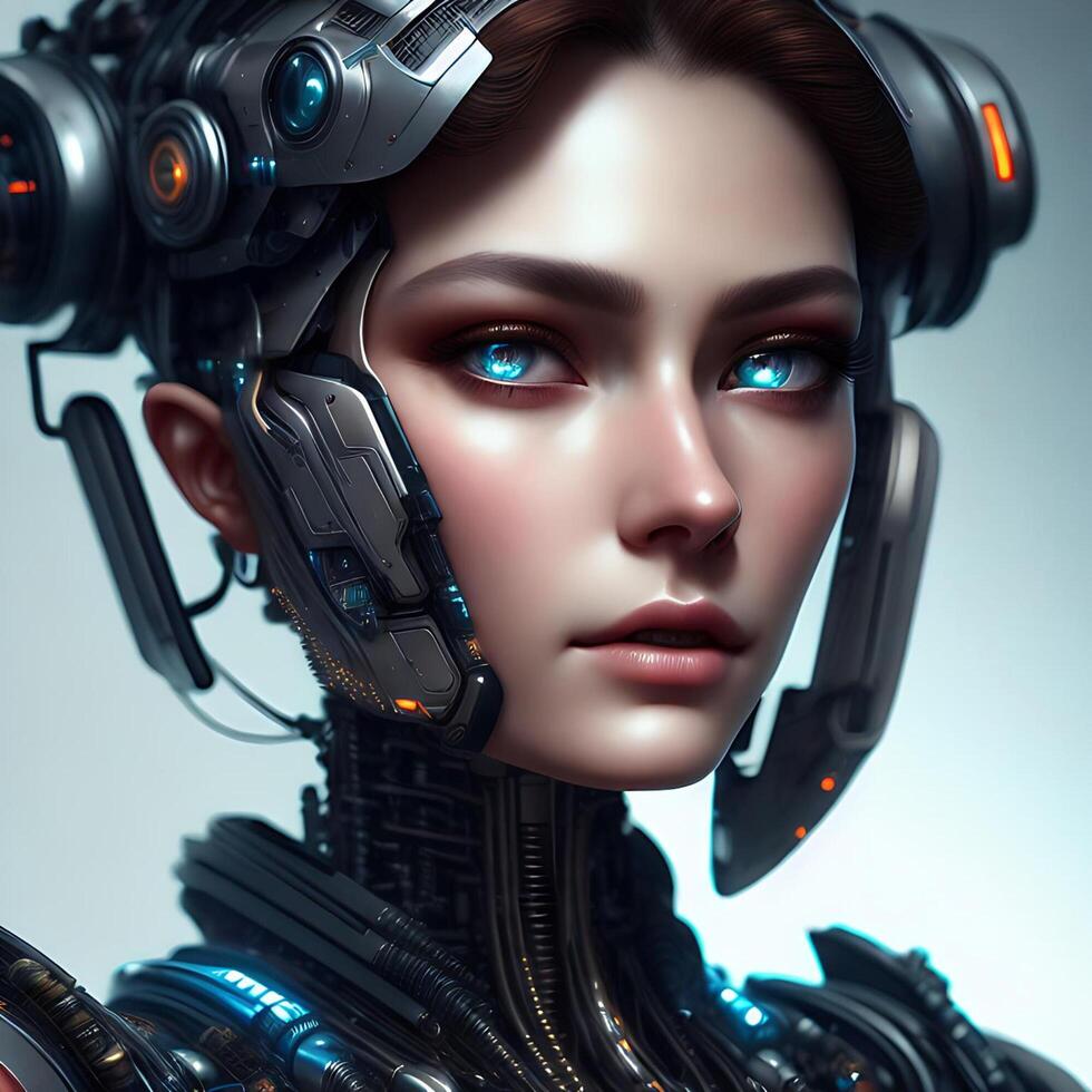 3D Super Realistic Portrait of A Mechanical Robot with Ocean Blue Eyes Illustration photo