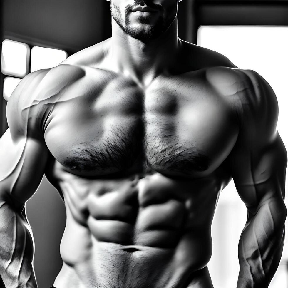 Black and White Realistic 3D Illustration of A Muscular Man Body with Sixpack Abs photo