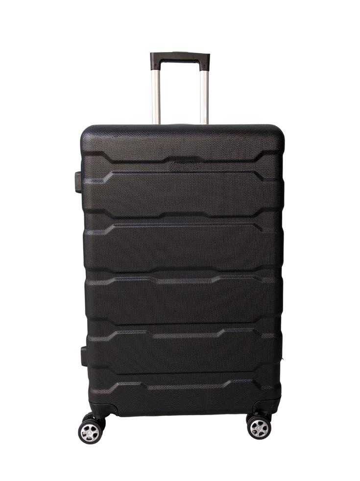 Front view of big black travel suitcase isolated on white background photo