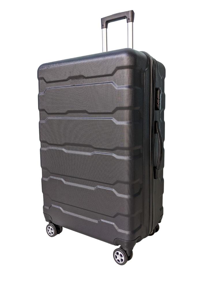 Front view of big black travel suitcase isolated on white background photo