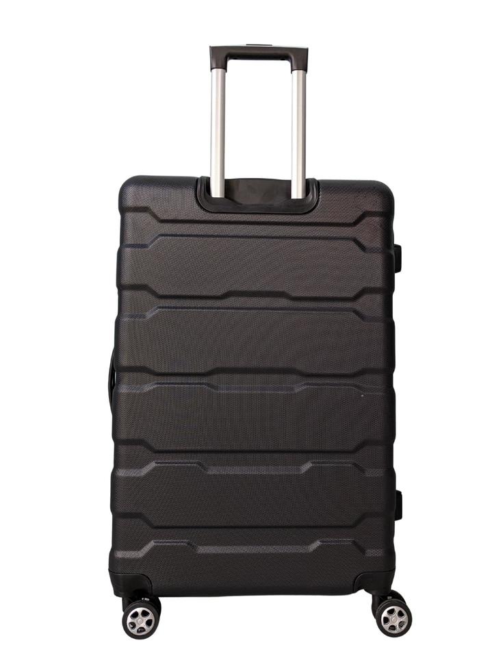 back view of big black travel suitcase isolated on white background photo