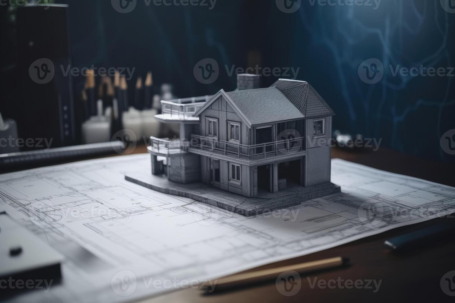 A blueprint of a residential house on a desk with a model of the house on the desk created with technology. photo