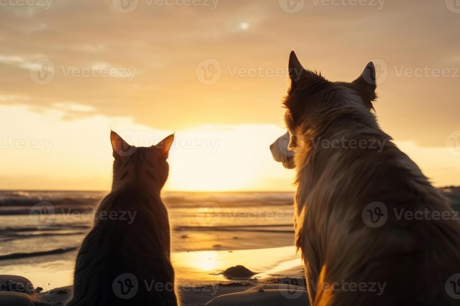A dog and a cat seen from behind on the beach look dreamily into the sunset created with technology. photo