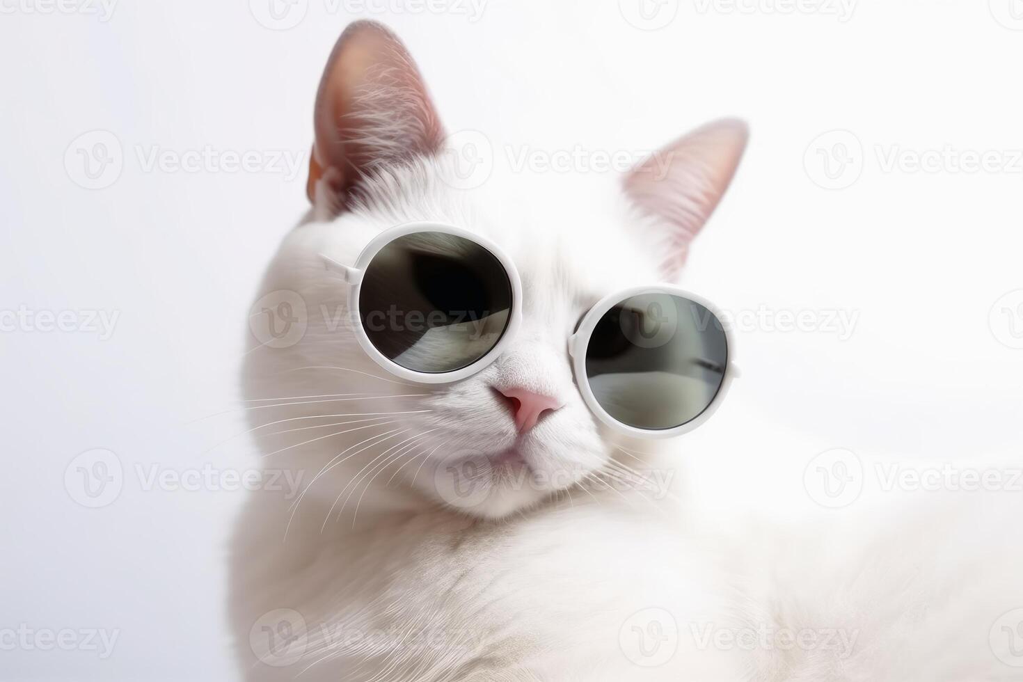A cool white cat wearing black sunglasses on a white background created with generative AI technology. photo