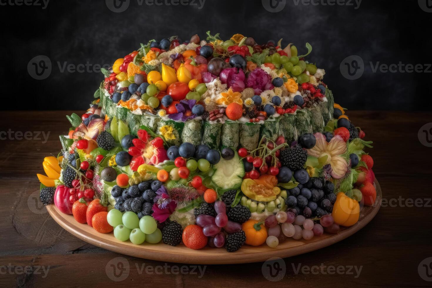 A big cake made of colorful vegetables created with technology. photo