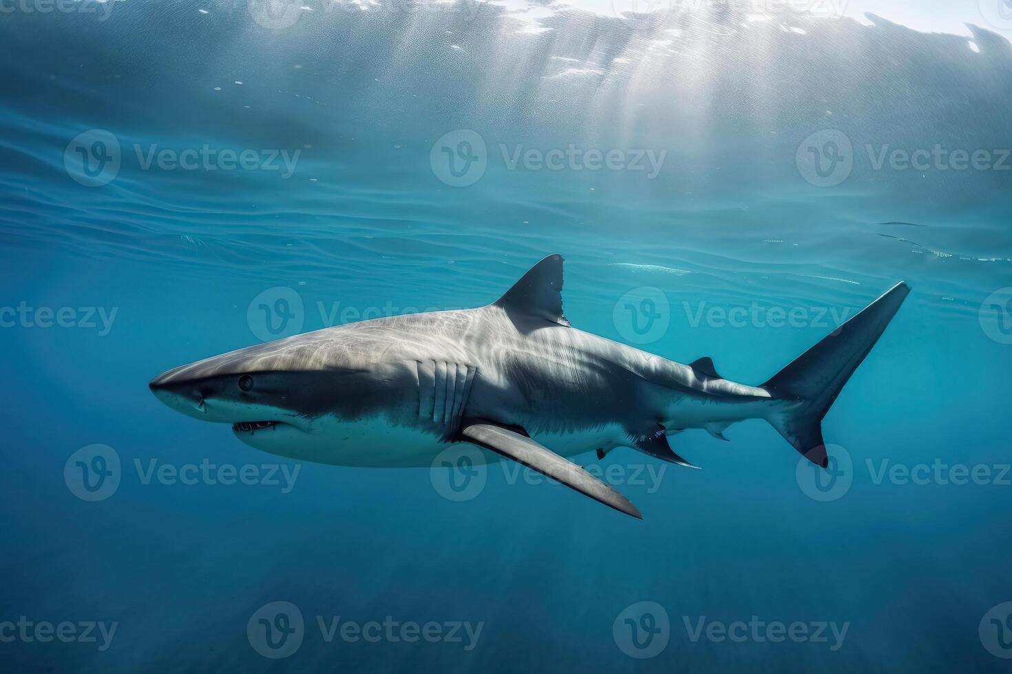 un grande tiburón en el superficial agua de el Oceano creado con generativo ai tecnología. foto