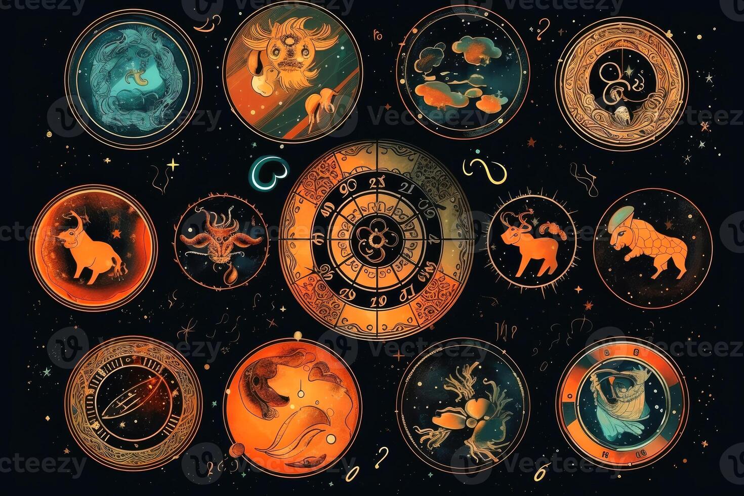 A set of magical zodiac signs on a dark background with stars created with technology. photo