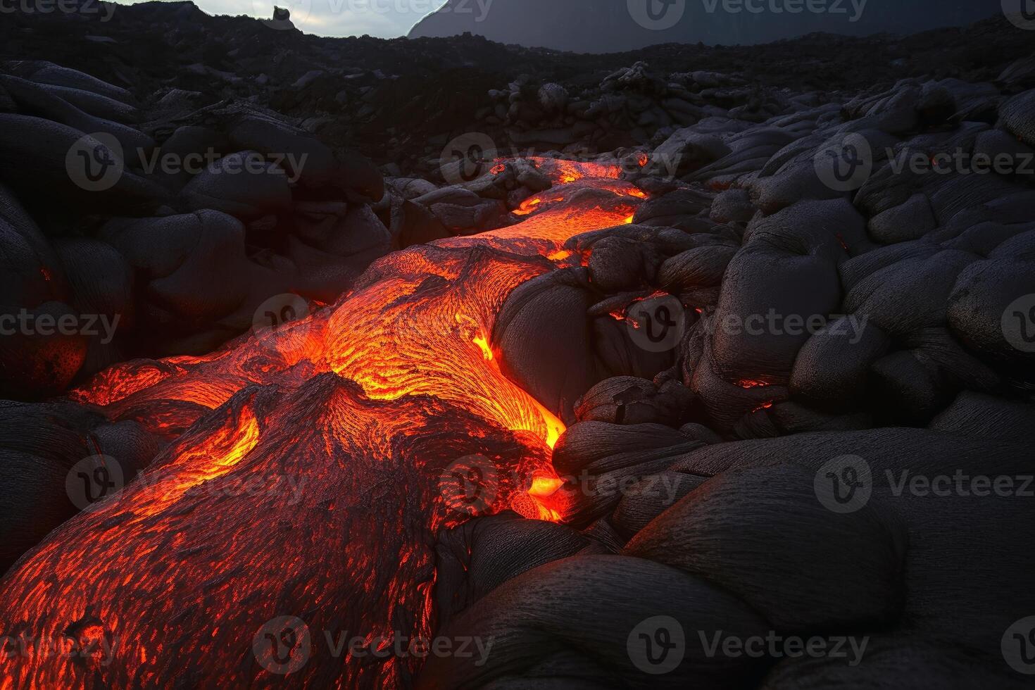 A luminous magma flow in a lava field created with technology. photo