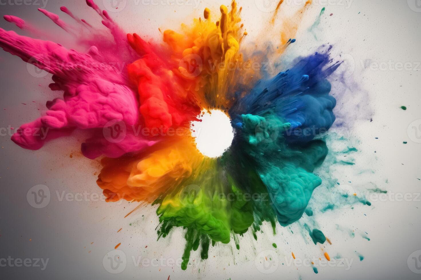 A color Wheel with goethe colors exploding in colorful powder on a light background created with technology. photo