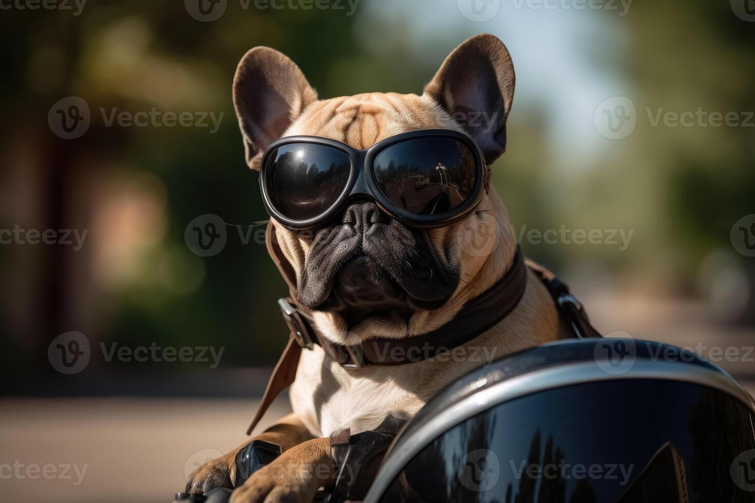 A dog riding a motorbike created with technology. photo