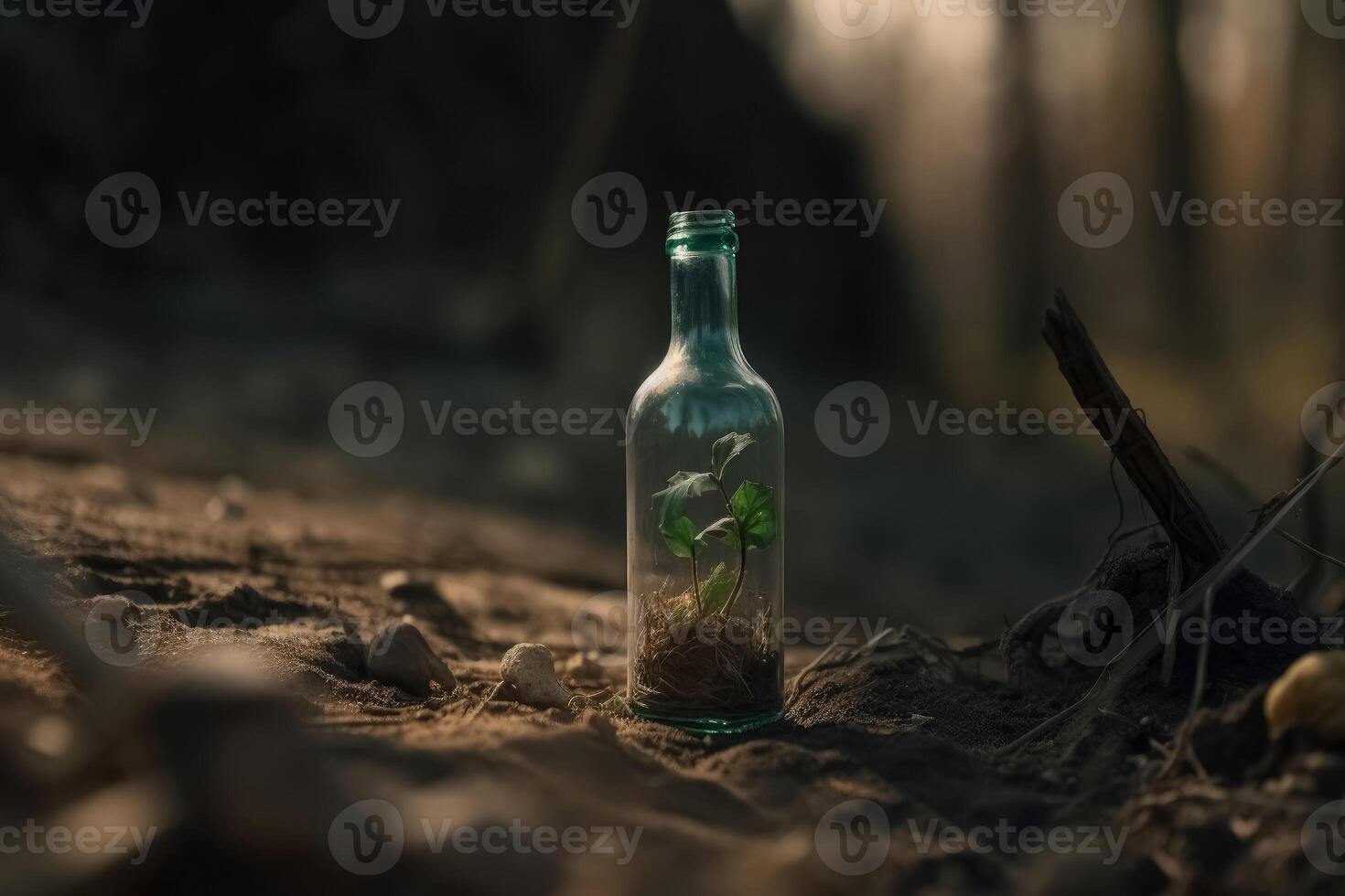 A single green seedling in a glass bottle on an apocalyptic dry ground created with technology. photo