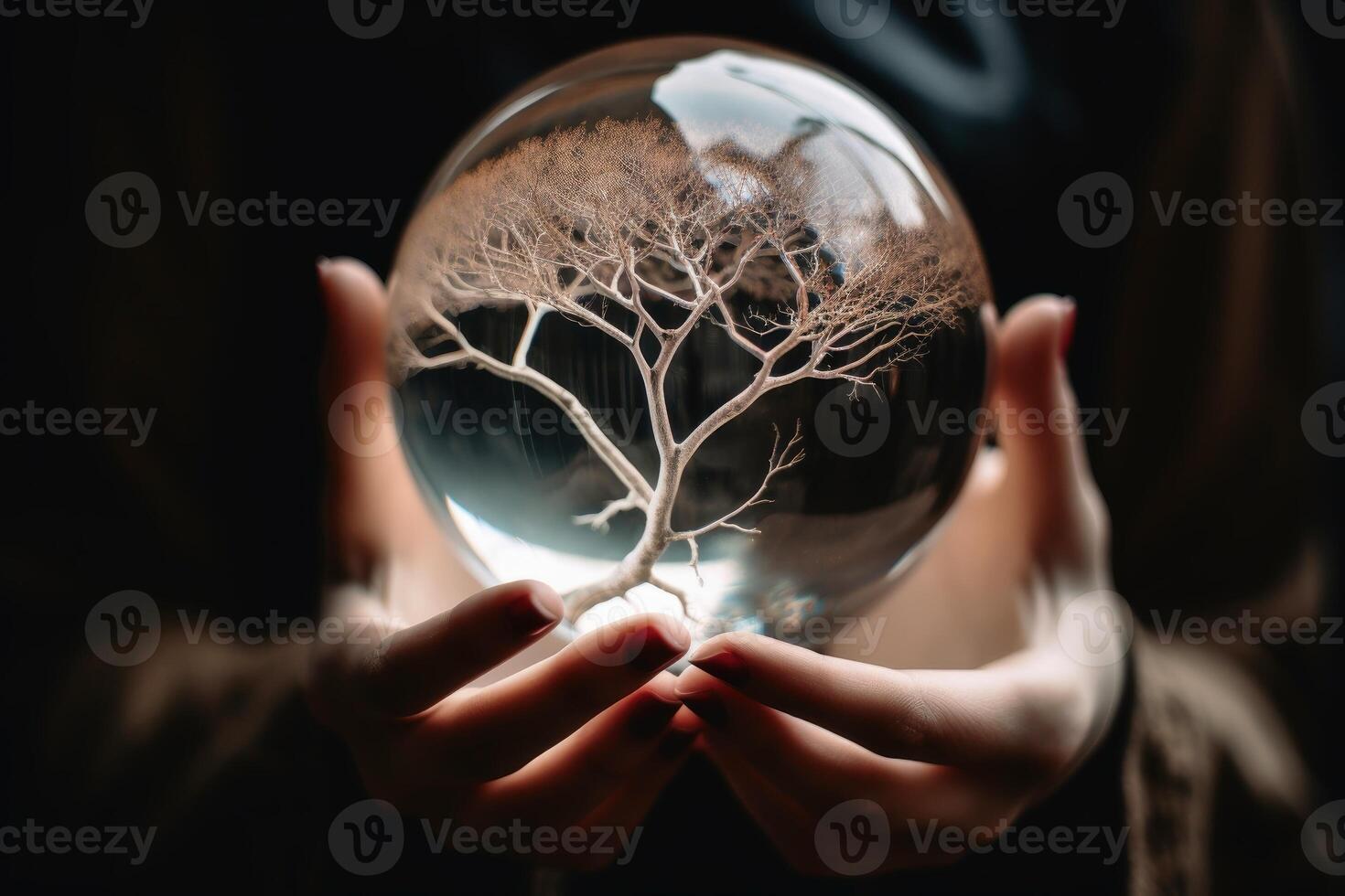 A tree inside of a glass sphere held by a female hand created with technology photo
