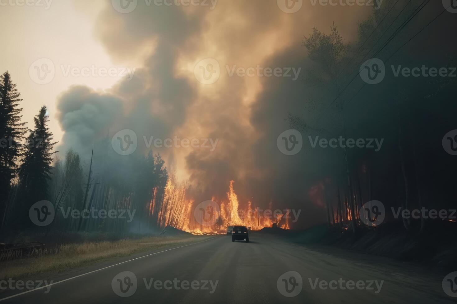 A devastating forest fire as seen from the road created with technology. photo