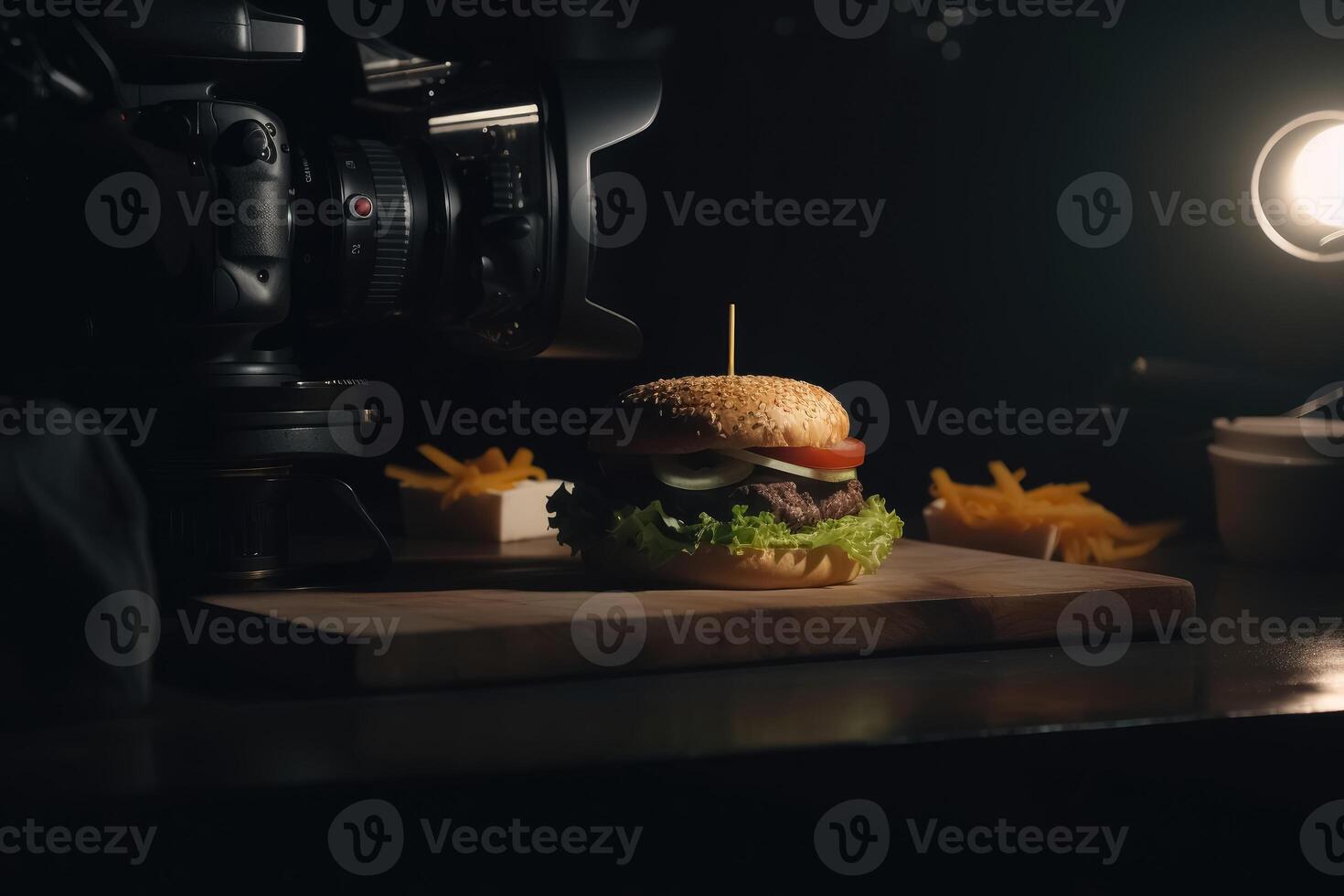 Top view of a black slate preparing a delicious burger created with technology. photo